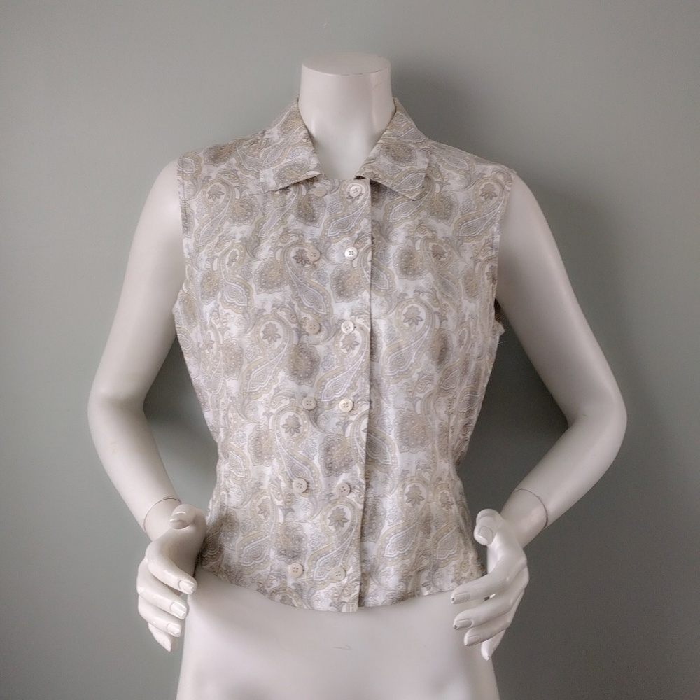 Vtg Italy Paisley Linen Crop Sleeveless Shirt 46